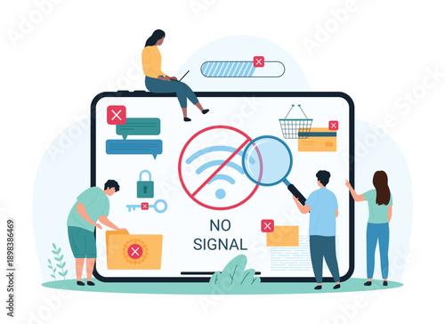 Internet offline, weak or no online network signal. Tiny people with magnifying glass examine warning error message of bad wireless connection on tablet screen, access lock cartoon vector illustration