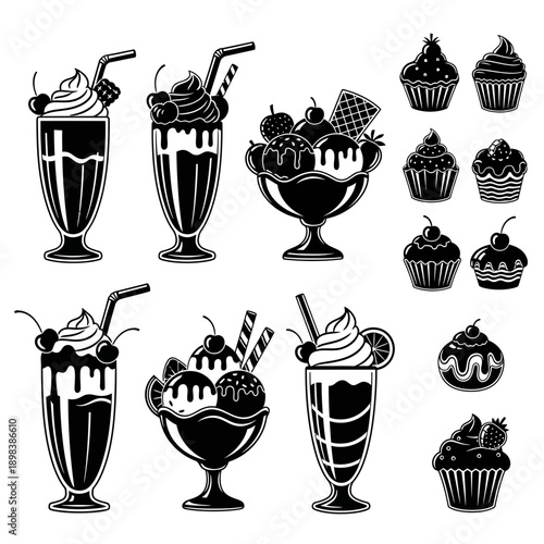 Dessert Icons Collection – Ice Cream Sundaes, Milkshakes and Sweet Treat Illustrations for Cafe & Bakery Design