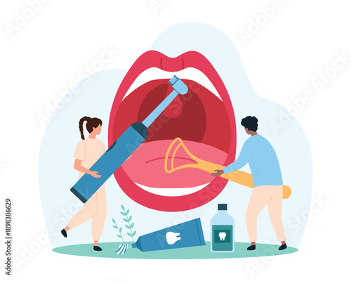Oral hygiene, dental care, daily brushing and whitening. Tiny people work with scraper and electric toothbrush to clean open human mouth, white teeth and tongue from plaque cartoon vector illustration