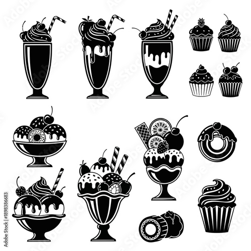 Dessert Icons Collection – Ice Cream Sundaes, Milkshakes and Sweet Treat Illustrations for Cafe & Bakery Design