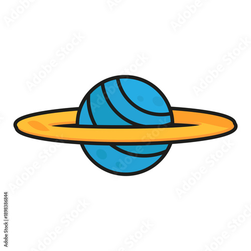 Flat Outline Planet Saturn Icon. Blue yellow sphere with ring
