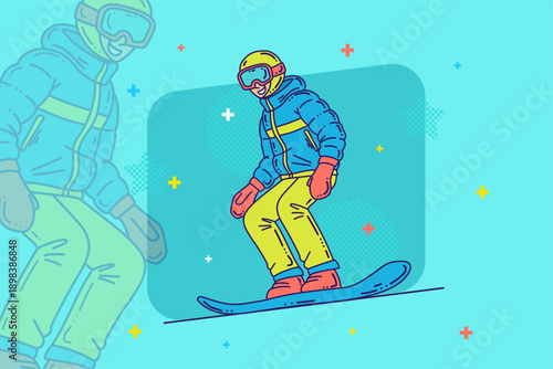 Cartoon outline snowboarding man character. Sports and wellness illustration
