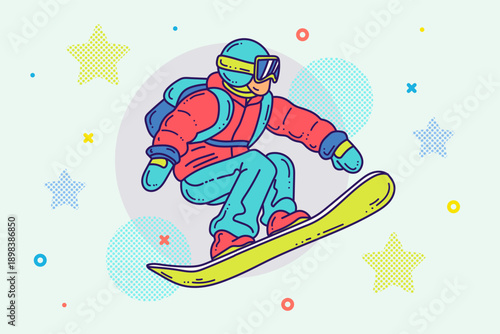 Cartoon outline snowboarding man character. Sports and wellness illustration