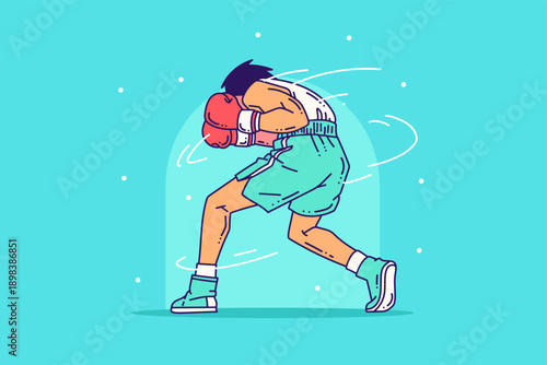 Cartoon outline boxing man character. Sports and wellness illustration