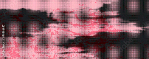 Abstract halftone background featuring dense hexagonal dot patterns forming dynamic wave-like shapes in red, pink, and dark gray tones.