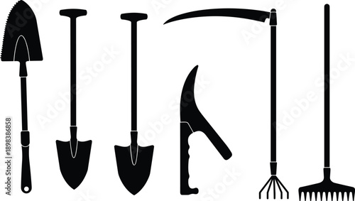 Silhouette of gardening tools including spade, scythe, shovel, hand rake, pruning knife, outdoor equipment, farming gear, black isolated icons.
