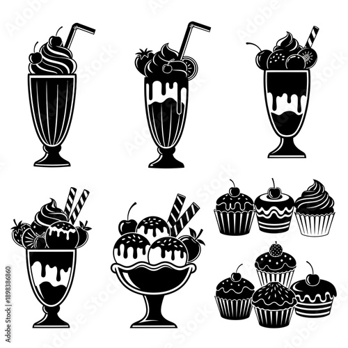 Dessert Icons Collection – Ice Cream Sundaes, Milkshakes and Sweet Treat Illustrations for Cafe & Bakery Design