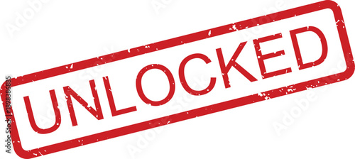 Bold red UNLOCKED rubber stamp featuring a grunge texture prominently displayed on white