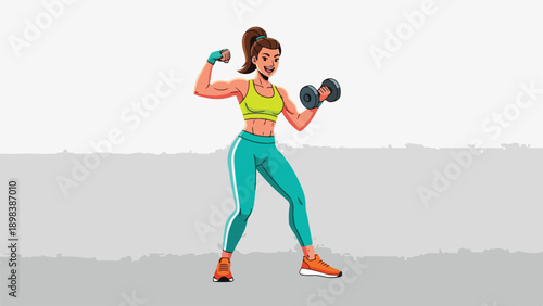 Woman exercising with dumbbells, showing her muscles in a pixelated style