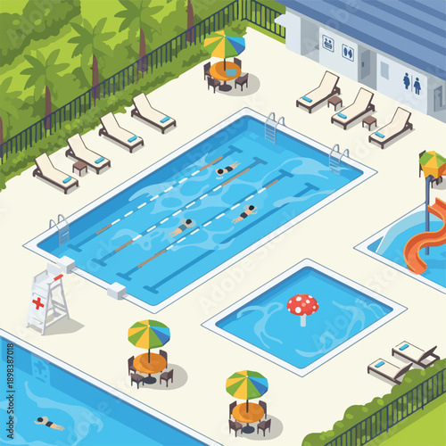 Isometric illustration of a pool complex with swimmers, slides, and lounging areas