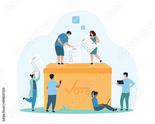 Election campaign, democracy, survey checklist and referendum. Tiny people put ballots in vote box, group of voters holding paper sheets with choice of candidate from list cartoon vector illustration