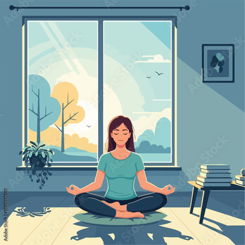Woman in meditation position near a window with trees and a sunny sky