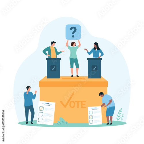 Election campaign and vote box, democracy. Tiny people choose between man and woman candidates for president or mayor, voters holding paper ballots with check mark cartoon vector illustration