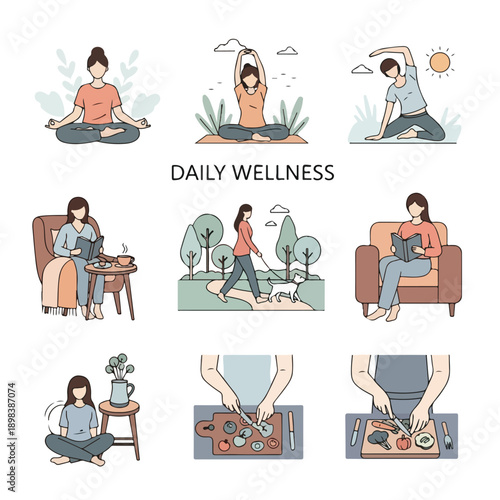 Simple illustration of daily wellness activities, people