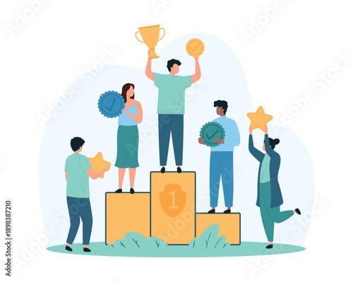Top rank, recognition for first place in competition. Tiny people celebrate best results with awards on podium, win quality stamp with check mark, gold cup and star cartoon vector illustration