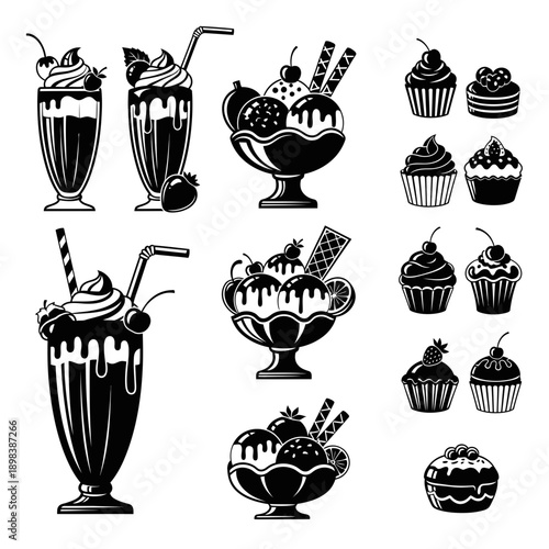 Dessert Icons Collection – Ice Cream Sundaes, Milkshakes and Sweet Treat Illustrations for Cafe & Bakery Design