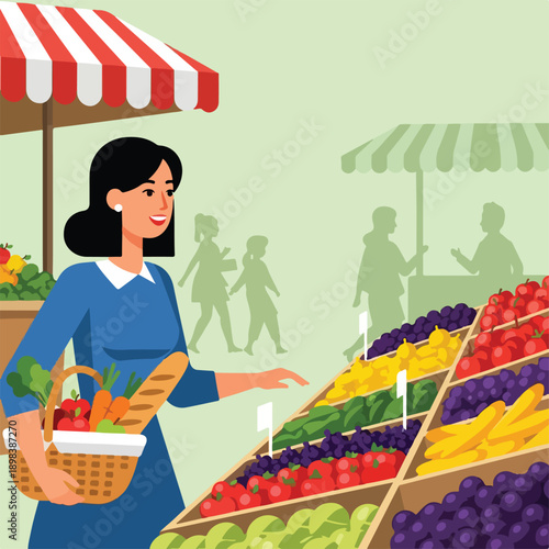 Woman shopping at a market with colorful produce and a basket