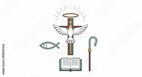 Simplified illustration including religious symbols on a white background
