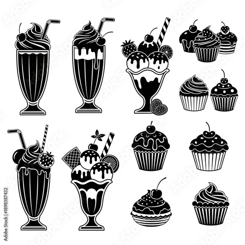 Dessert Icons Collection – Ice Cream Sundaes, Milkshakes and Sweet Treat Illustrations for Cafe & Bakery Design