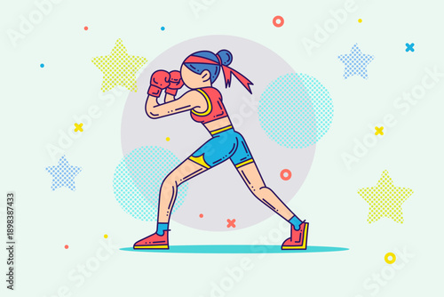 Cartoon outline boxing woman character. Sports and wellness illustration