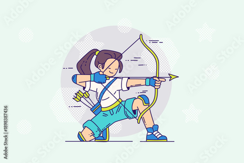 Cartoon outline archer woman character with bow. Sports and wellness illustration