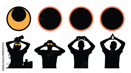 Photographers Silhouette with Camera in Various Poses and Eclipse Phases in Black and Orange for Astronomy