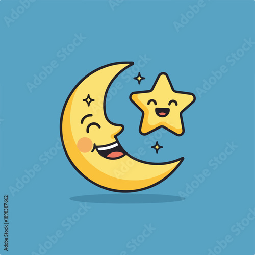 Smiling cartoon moon with a cheerful star on a light blue background