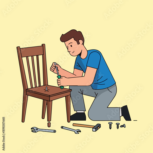 Man assembling chair using screwdriver with tools on the floor