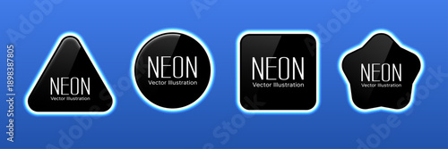 Neon Glow Shape Label Set with Round Circle, Triangle, Square and Star, Abstract Black Badges with Blue Neon Light Effect, Modern Sticker and Icon Design Vector Illustration