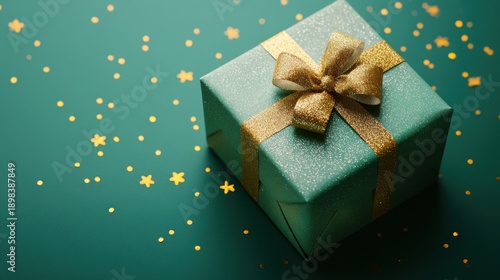 Wallpaper Mural Teal gift box with gold ribbon, confetti, on a teal background Torontodigital.ca