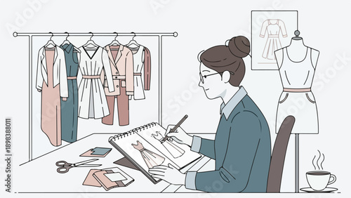 Illustration of a fashion designer drawing a dress design at their desk