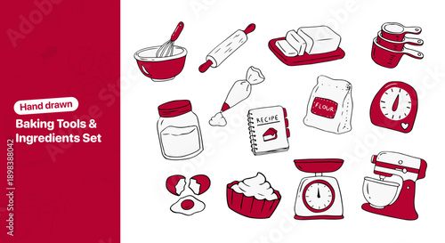 Hand drawn baking tools and ingredients set. Red and white doodle collection. Mixer, flour, eggs, scale, recipe book. Kitchen equipment illustration.
