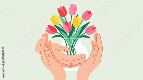 Illustration of a flower arrangement in a vase, held by two hands, pastel colors
