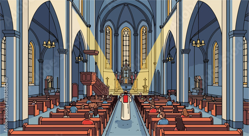 Illustration of a large interior with people sitting in wooden pews