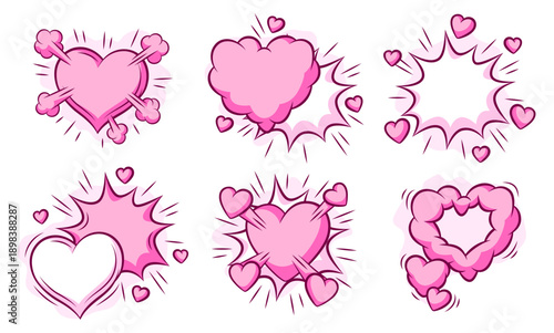 Set of Valentine speech bubbles. Romantic clouds and backgrounds in comic style. Love greeting cards.