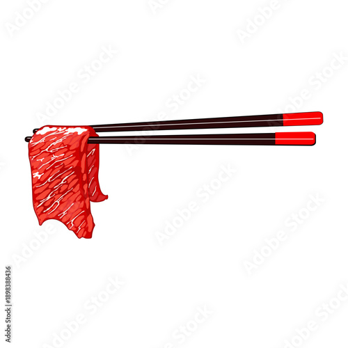 Chopsticks picking up the meat of shabu and chilli soybeans sauce, thin sliced beef on white background. Meat for shabu, thinly slice raw beef, shabu-shabu pork. Ready to cook beef raw, shabu-shabu fr
