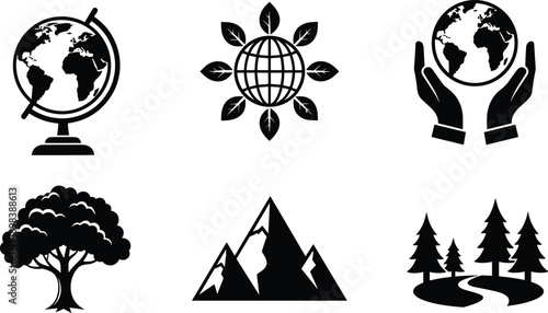 Vector, black, silhouette, icon, set, of, environmental, symbols, including, globe, earth, in, hands, trees, and, mountains, for, ecology, nature, and, conservation, design