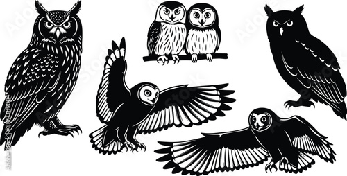 Collection of owl silhouettes and detailed woodcut style illustrations featuring predatory birds in flight and perched positions isolated on white background vector