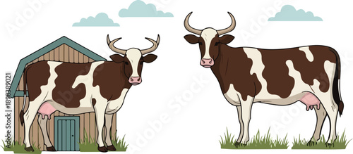 Cow Family in Farm Illustration
