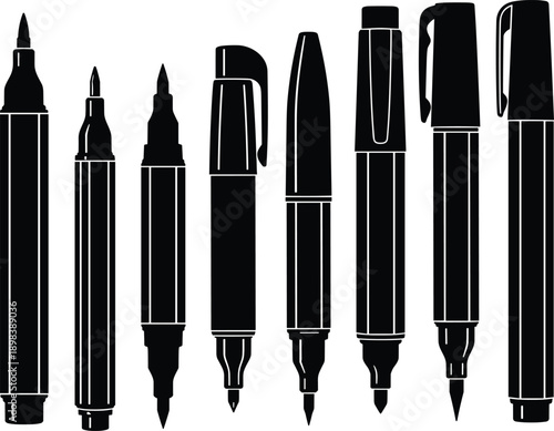 Collection of professional marker pen silhouettes and felt tip drawing tools isolated on white background for art supply and stationery design