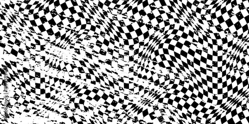 Psychedelic checkerboard pattern with wavy black white checks and 90s retro distortion. Abstract geometric warp effects for trippy Y2K textiles or surreal illusions. Seamless vector tiles optical.