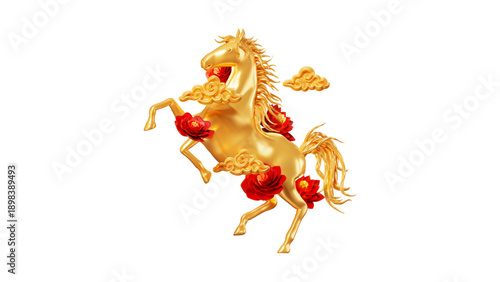 Golden Horse Statue Ornament with Red Flowers for Chinese New Year