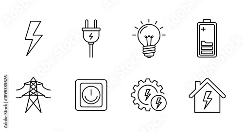 A collection of icons representing various aspects of energy and electricity