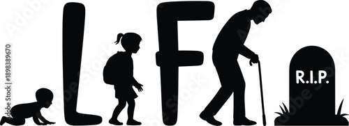 Silhouette of Human Life Stages from Baby to Old Age with RIP Tombstone life cycle