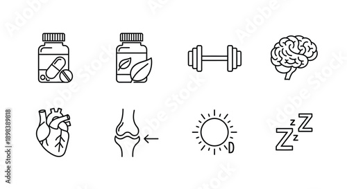 Icons representing various aspects of health and wellness, including supplements, exercise, and rest.