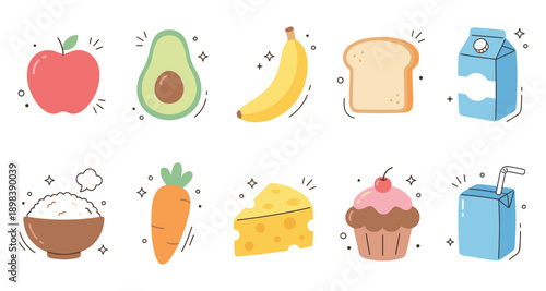 Cute Food and Drink Vector Icon Set Flat Cartoon Style Healthy and Sweet Grocery Items Illustration for Web App UI Sticker and Print Design