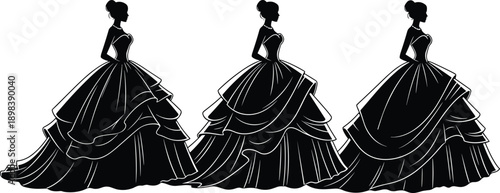Elegant bride silhouette in ballgown wedding dress, beautiful woman in formal gown for marriage ceremony, bridal fashion vector illustration set,