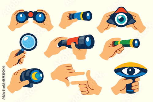 Vision and Observation Concept Vector Set Hands Holding Binocular Telescope Magnifier and Eye Symbols for Research Strategy Analysis and Discovery Design