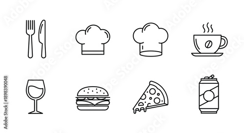 A variety of food and drink icons representing different types of cuisine and beverages