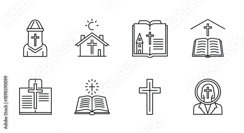 Religious icons and symbols representing various faiths and denominations
